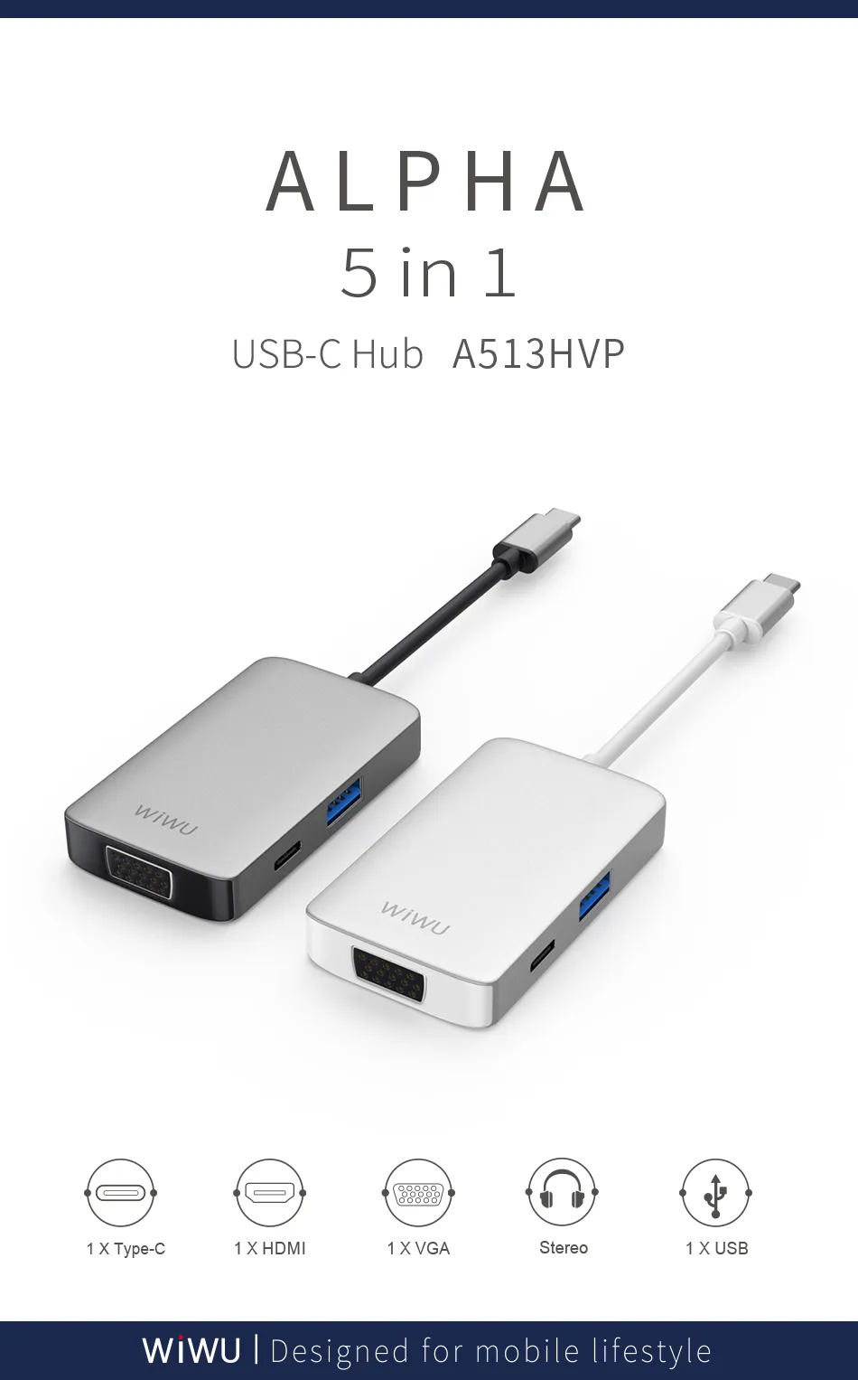 фото Адаптер Wiwu Alpha USB-C 5 в 1 на USB 3.0/PD/Stereo/HDMI/VGA (A513HVP) (Silver)