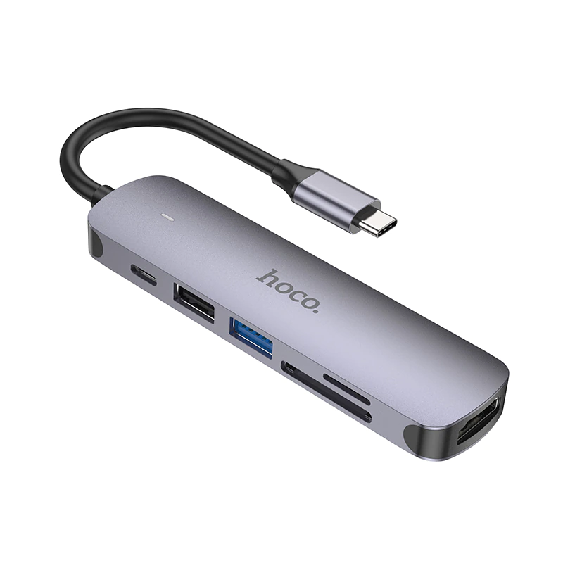 фото Переходник HOCO (HB28) Type-C на HDMI/USB3.0/USB2.0/USB-C/MicroSD/SD (Metal Gray)