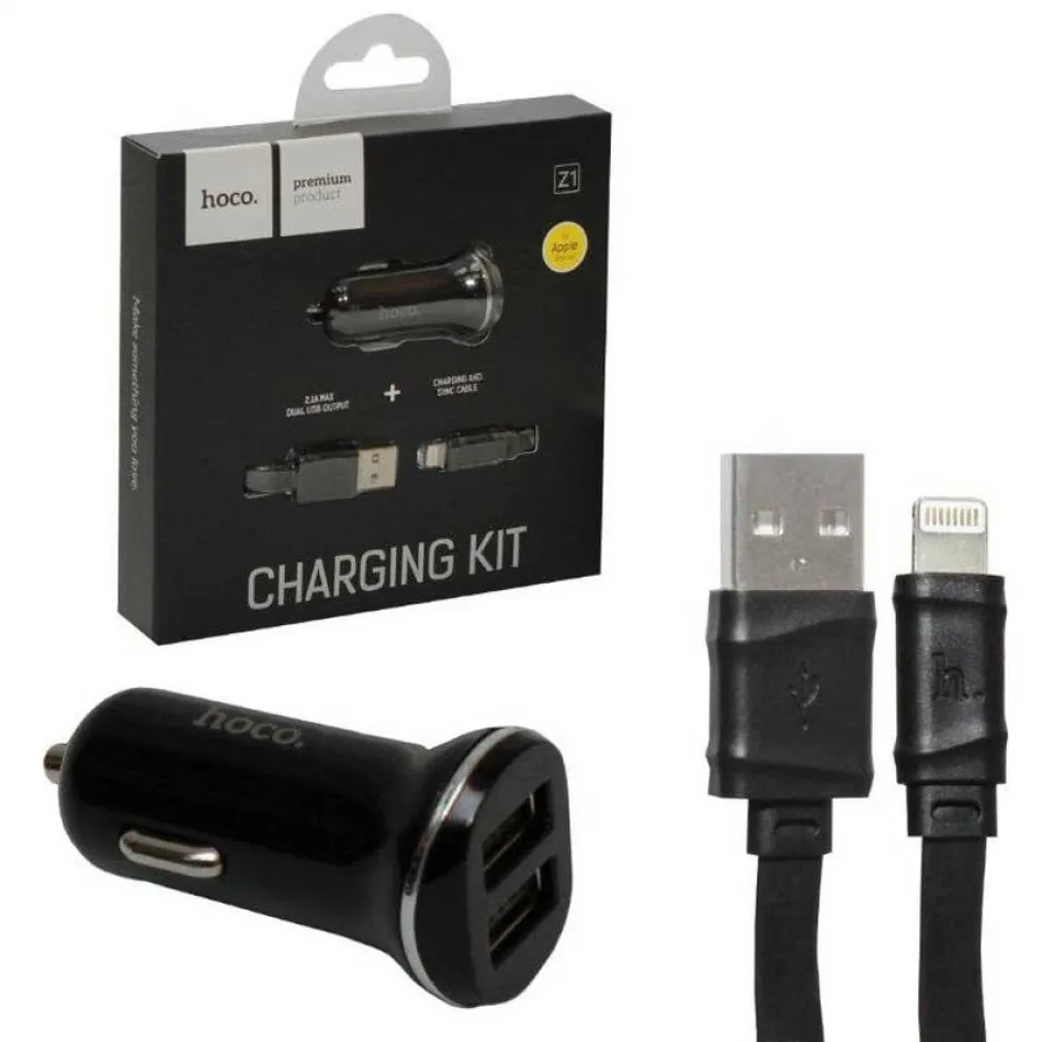 фото Автомобильное зарядное устройство Hoco Z1 2xUSB/кабель USB- Lightning 2.1A (черный)