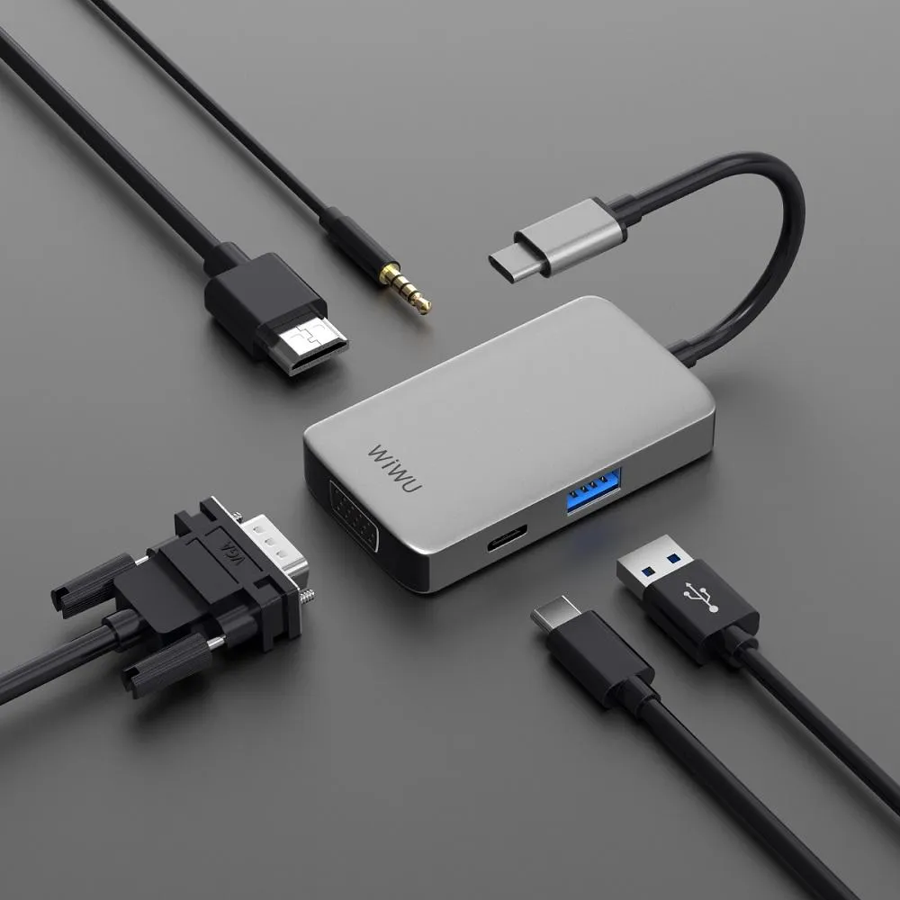 фото Адаптер Wiwu Alpha USB-C 5 в 1 на USB 3.0/Type-C/HDMI/VGA/Stereo (A513HVP) (Grey)