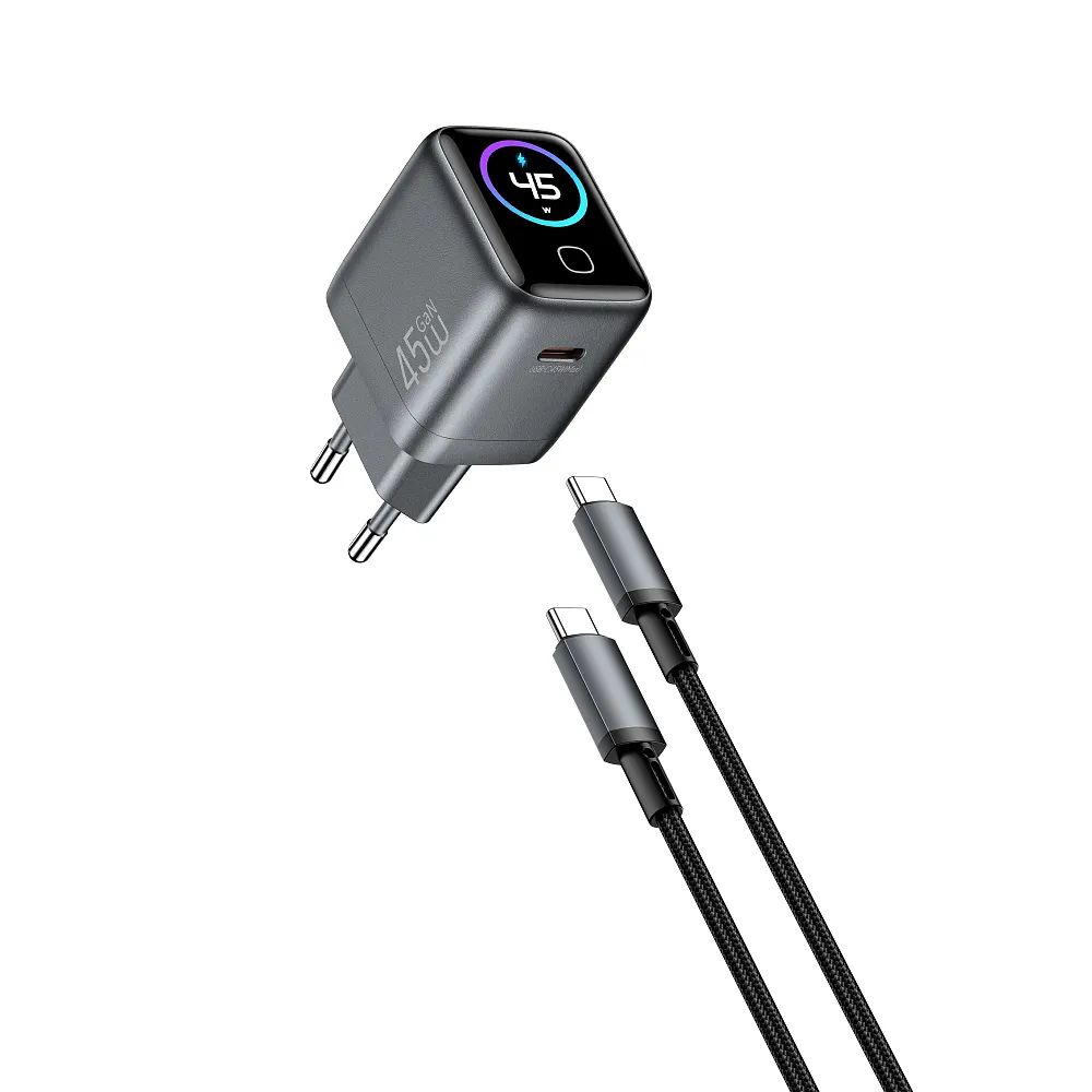 фото Сетевое зарядное устройство WIWU Voyager GaN 45W Type-C+ кабель Type-C/Type-C/TFT-дисплей 1.0m (CHG500) (серый космос)