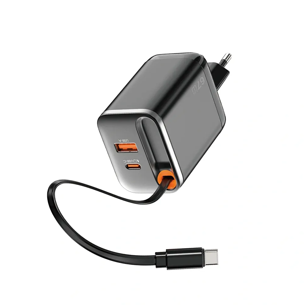 фото Сетевое зарядное устройство WIWU Helix GaN 2 в1 67W USB/Type-C+ кабель Type-C (Wi-G020) (черный)