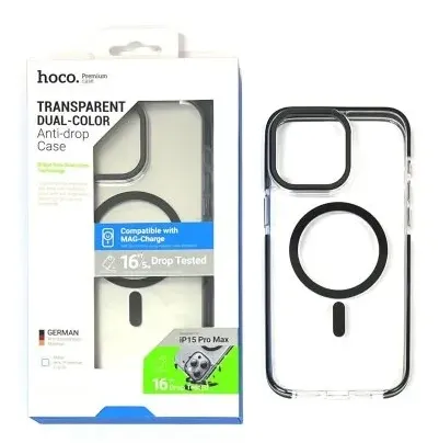 фото Чехол-накладка Hoco Transparent Dual-Color Magsafe для iPhone 15 Pro противоударный (пластик) (черная рамка)