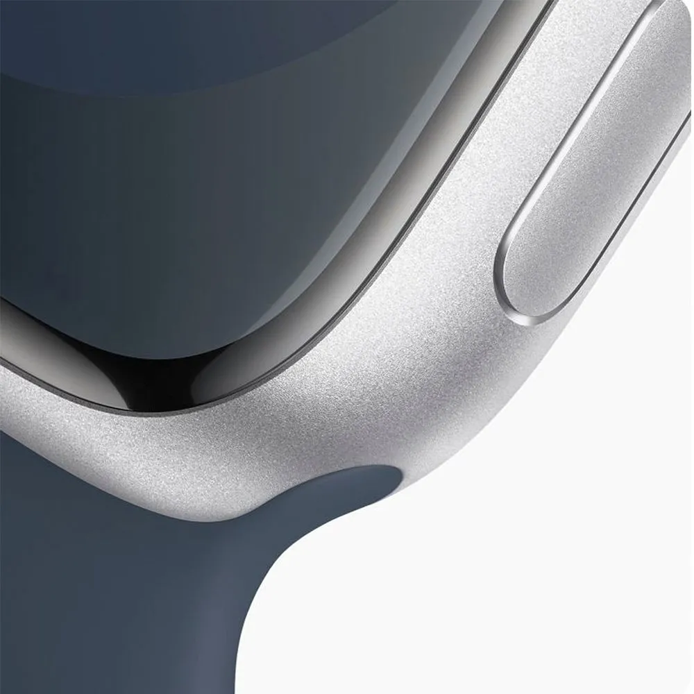 Apple Watch Series 9 45mm (GPS) Silver Aluminum Case with Storm Blue Sport Band (S/M) (MR9D3)