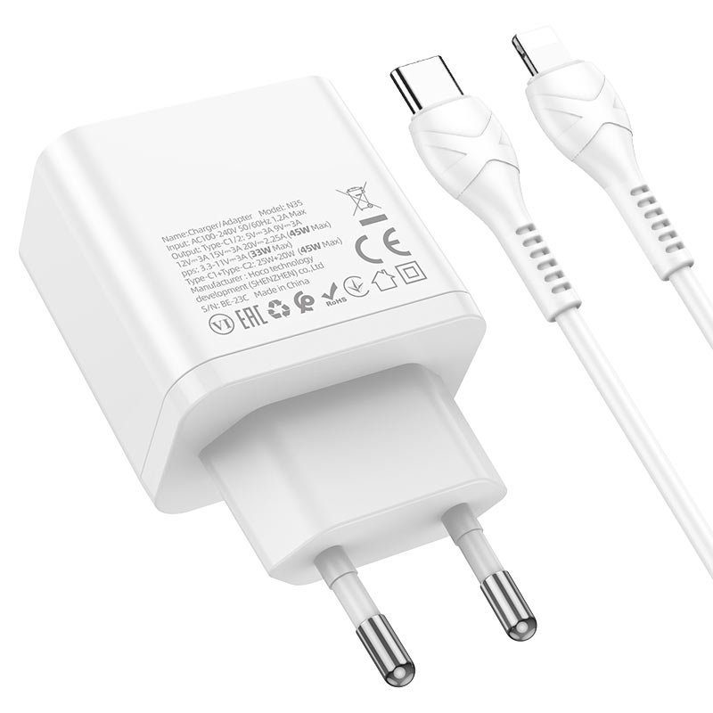 фото Сетевое зарядное устройство Hoco (N35) Streamer 2хType-C PD 45W + кабель Type-C/Lightning 1m (белый)