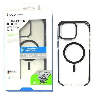 фото Чехол-накладка Hoco Transparent Dual-Color Magsafe для iPhone 15 противоударный (пластик) (черная рамка)