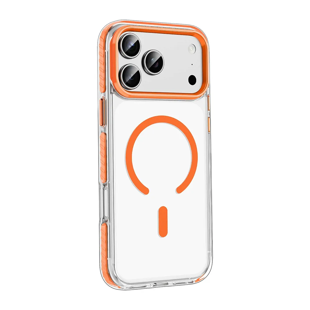 фото Чехол-накладка Keephone Shockstar MagSafe для Apple iPhone 17 Pro пластиковый прозрачный (оранжевая рамка)