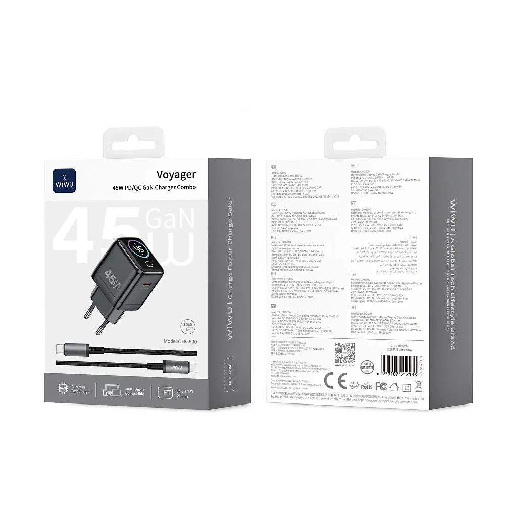 фото Сетевое зарядное устройство WIWU Voyager GaN 45W Type-C+ кабель Type-C/Type-C/TFT-дисплей 1.0m (CHG500) (серый космос)