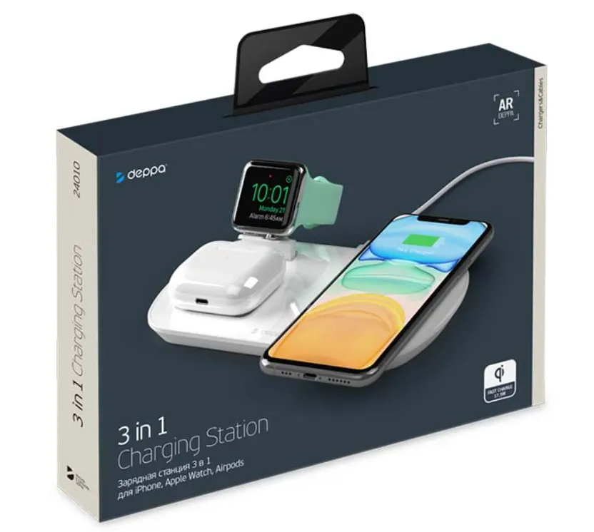 фото Беспроводное зарядное устройство Deppa Charging Station 3 в 1 (D-24010) для Apple Watch / iPhone/AirPods 17,5W (белый)