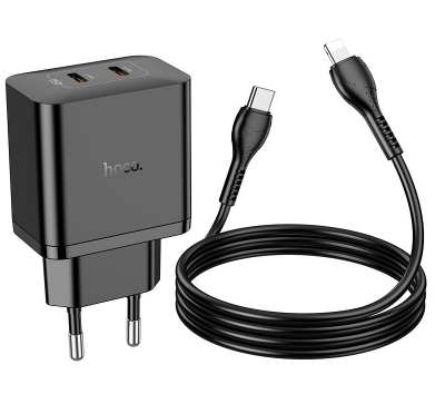 фото Сетевое зарядное устройство Hoco (N35) Streamer 2хType-C PD 45W + кабель Type-C/Lightning 1m (черный)