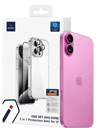 фото Комплект защиты 3 в 1 Wiwu (WI-IP001) для Apple iPhone 16 Plus (чехол/стекло/стекло для камеры)