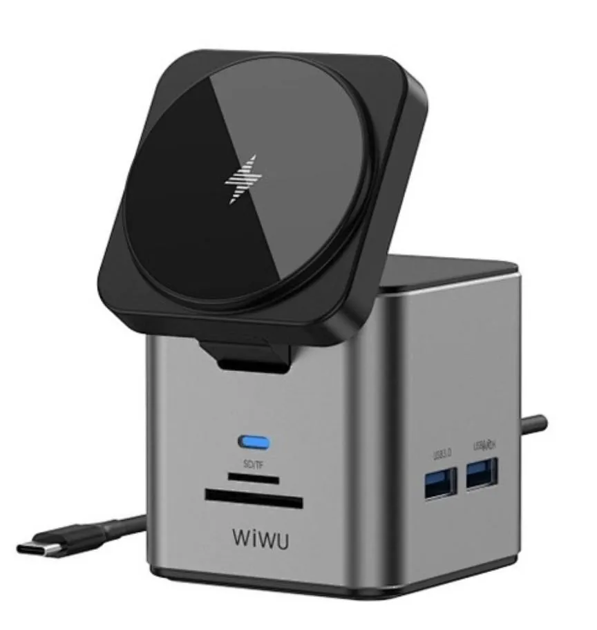 фото Беспроводное зарядное устройство WIWU Cube Hub 9 в1 Docking 100W Type-C/PD3.0/USB3.0х3/HDMI/RJ45/SD/TF (Wi-W025) (серый)