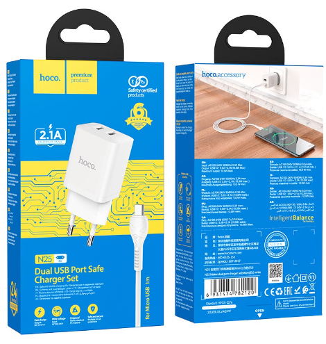 фото Сетевое зарядное устройство Hoco (N25) Maker 2xUSB/2.1A + кабель Lightning (белый)