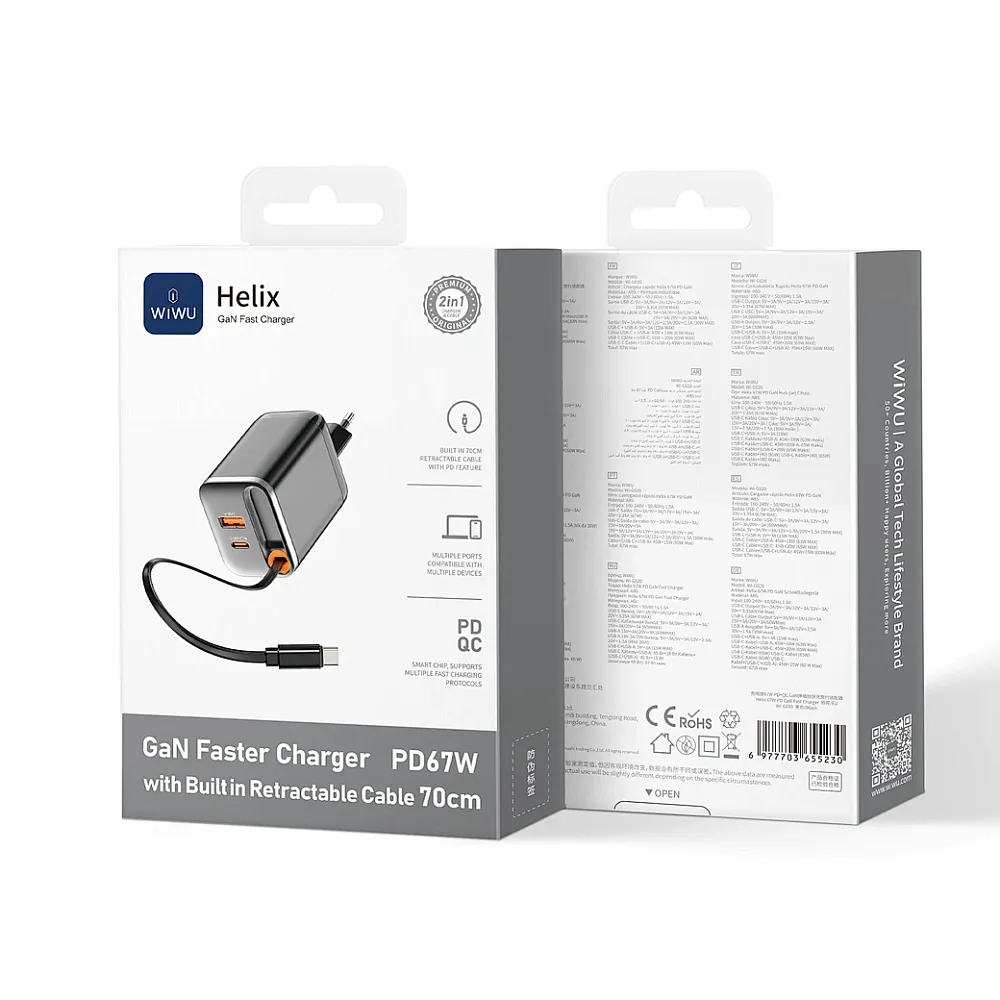 фото Сетевое зарядное устройство WIWU Helix GaN 2 в1 67W USB/Type-C+ кабель Type-C (Wi-G020) (черный)