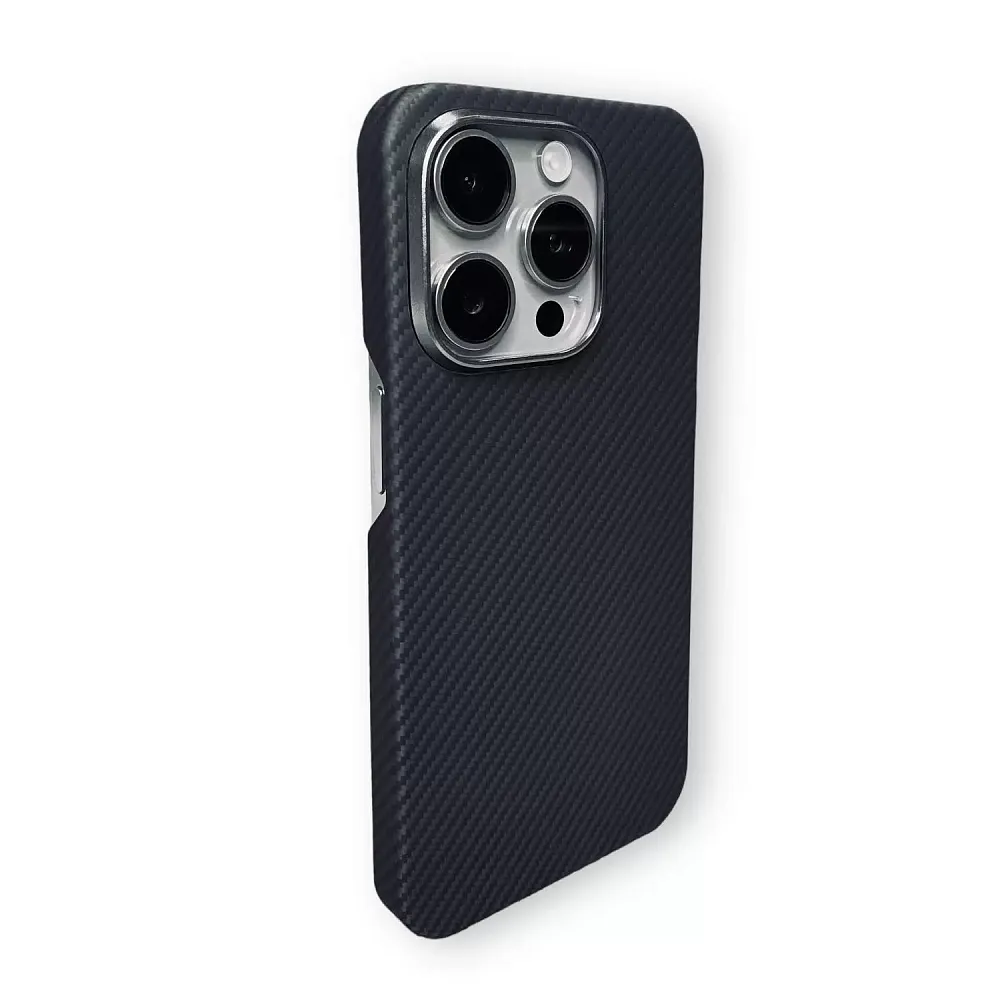 фото Чехол-накладка PTM-KA Magsafe для Apple iPhone 15 Pro Max карбоновый (арамид) черно-серый в полоску
