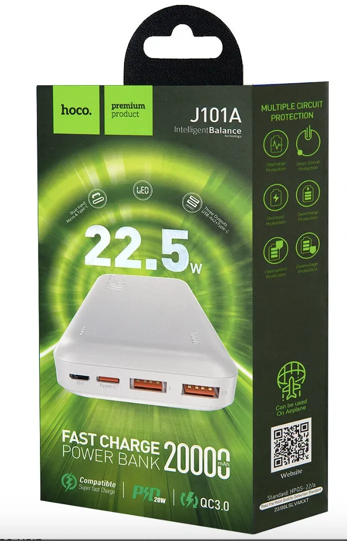 фото Универсальный внешний аккумулятор Hoco J101A Astute 20000 mAh 22.5W 2*USB/Type-C/Micro USB пластик (белый)