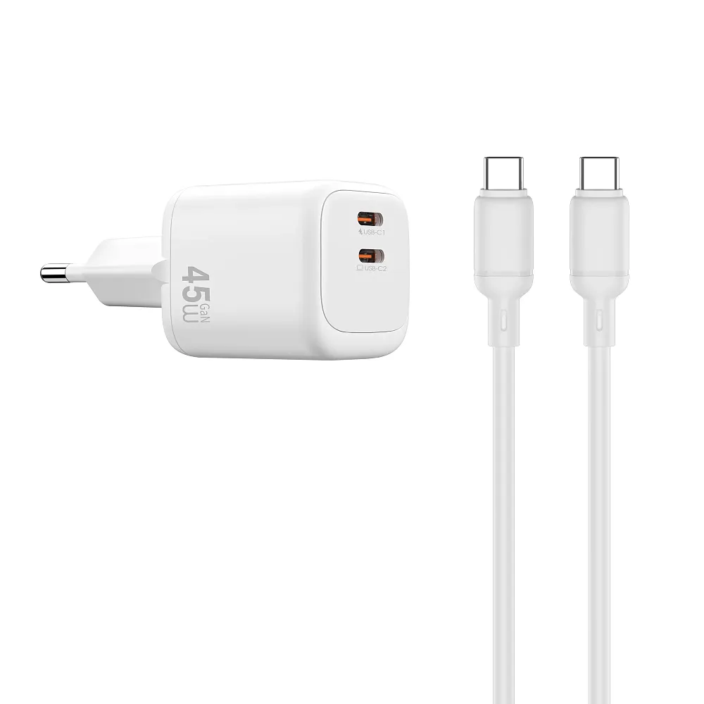 фото Сетевое зарядное устройство WIWU Cube GaN 45W Type-Cх2+ кабель Type-C/Type-C 1.5m (Wi-G025) (белый)