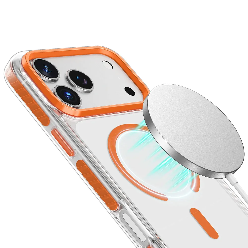 фото Чехол-накладка Keephone Shockstar MagSafe для Apple iPhone 17 Pro пластиковый прозрачный (оранжевая рамка)