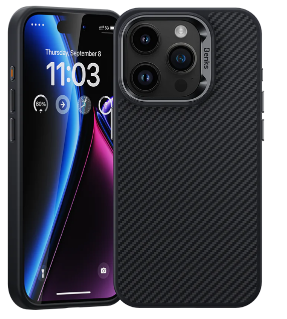 Чехол-накладка Benks Magnetic Carbon 600D Kevlar Case для iPhone 15 Pro карбоновый кевлар (арамид) (черно-серый)