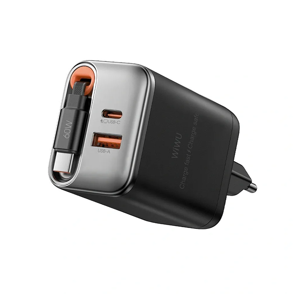 фото Сетевое зарядное устройство WIWU Helix GaN 2 в1 67W USB/Type-C+ кабель Type-C (Wi-G020) (черный)