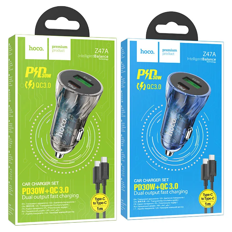 Автомобильное зарядное устройство Hoco Z47A Transparent USBType-Cкабель Type-C- Type-C 30W синий 1100₽