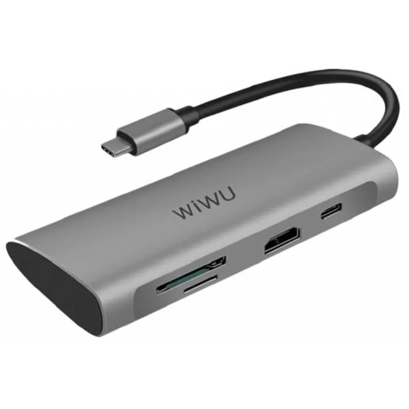фото Адаптер WIWU Alpha 7 в 1 USB-C HUB на USB 3.0*3/Type-C/SD/HDMI/Micro SD (A731HP) (Gray)