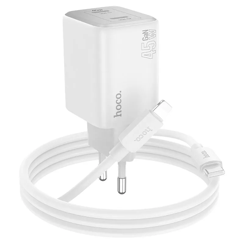 фото Сетевое зарядное устройство Hoco (N42) Elogiado 2xType-C/PD 45W charger (EU) + кабель Lightning (белый)