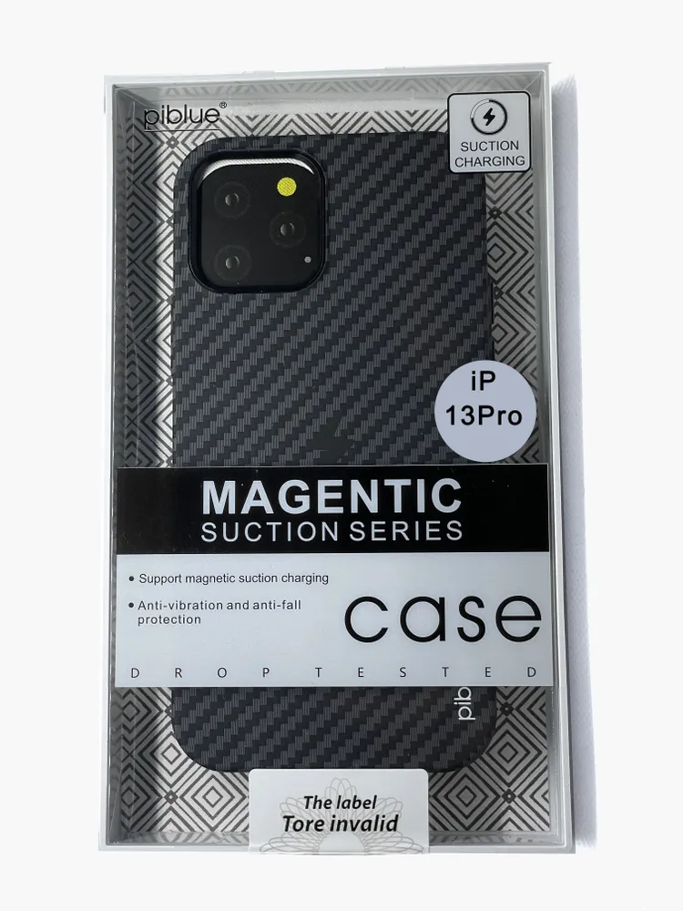 фото Чехол-накладка PiBlue Magentic Series Magsafe для Apple iPhone 14 (карбоновый в полоску черно-серый)