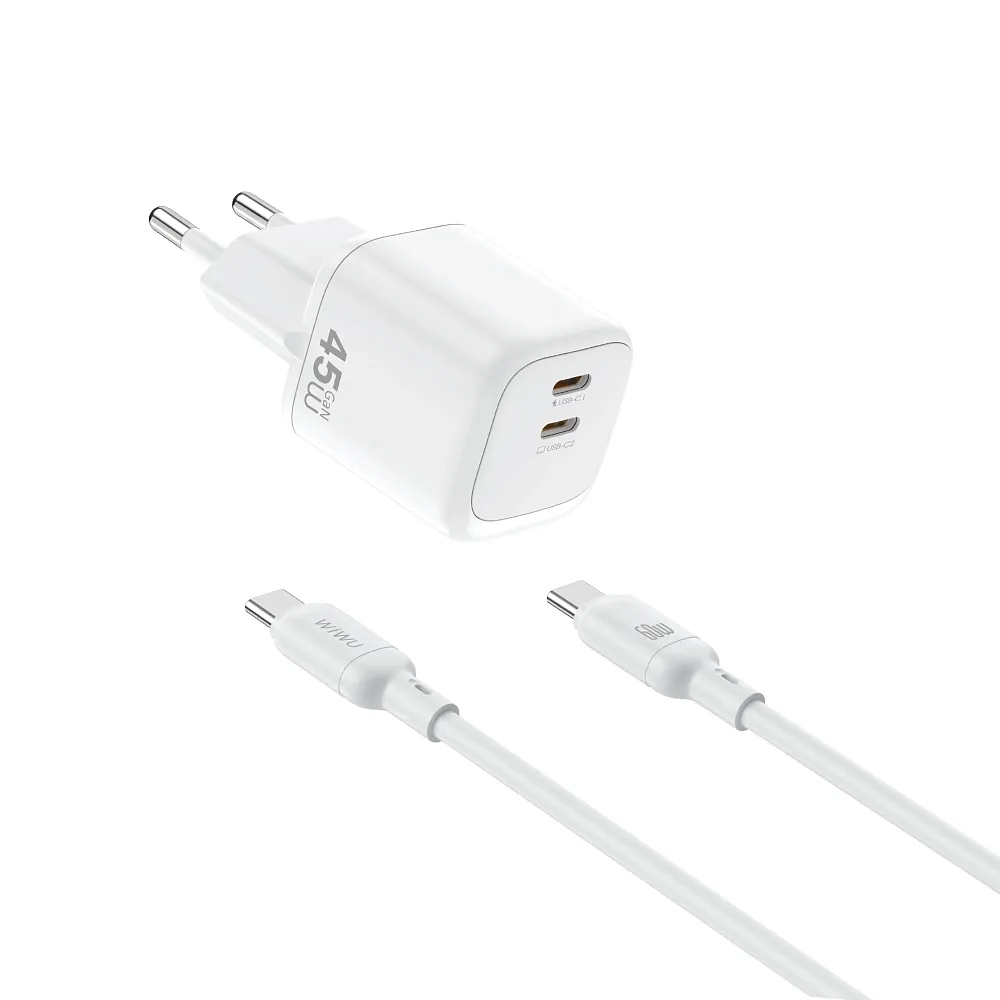 фото Сетевое зарядное устройство WIWU Cube GaN 45W Type-Cх2+ кабель Type-C/Type-C 1.5m (Wi-G025) (белый)