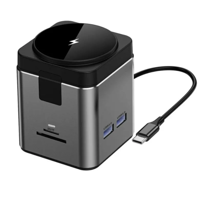 фото Беспроводное зарядное устройство WIWU Cube Hub 9 в1 Docking 100W Type-C/PD3.0/USB3.0х3/HDMI/RJ45/SD/TF (Wi-W025) (серый)