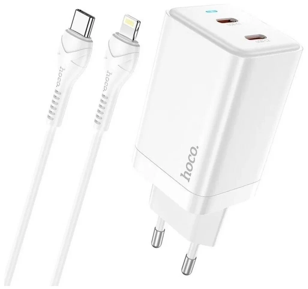 Сетевое зарядное устройство Hoco (N23) GaN 45W 2хType-C+кабель Type-C/Lightning 1m (белый)