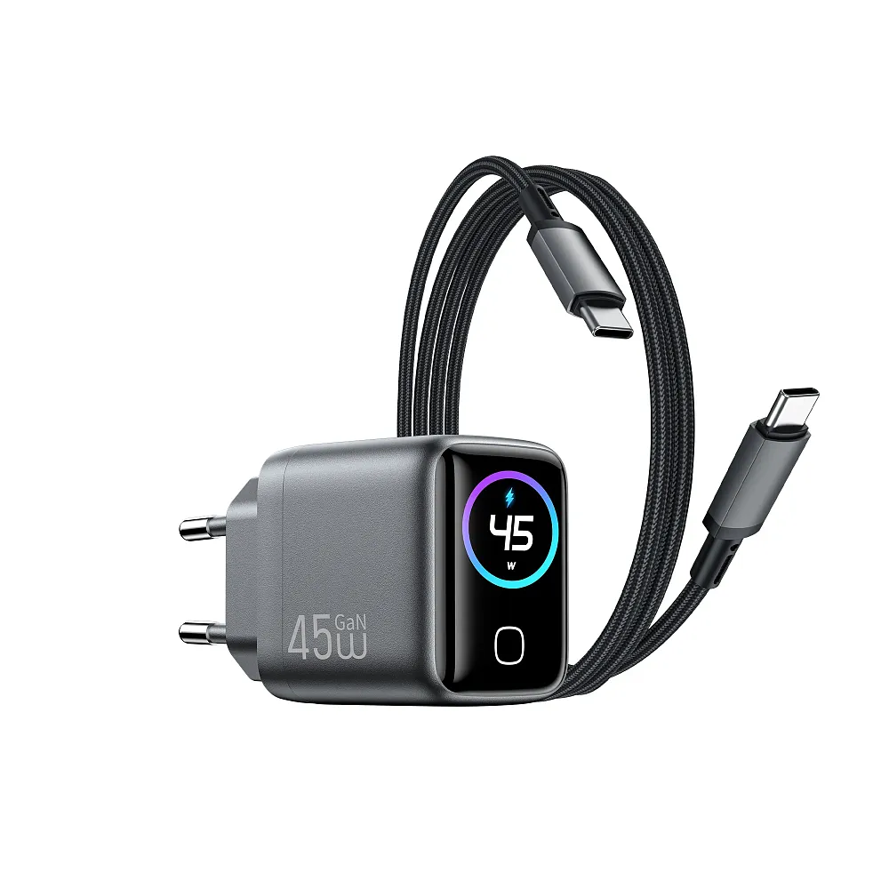 фото Сетевое зарядное устройство WIWU Voyager GaN 45W Type-C+ кабель Type-C/Type-C/TFT-дисплей 1.0m (CHG500) (серый космос)
