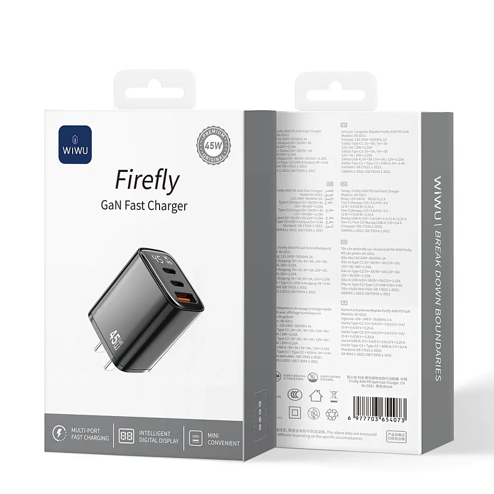 фото Сетевое зарядное устройство WIWU Firefly GaN 45W USB/2хType-C (Wi-G011) (черный)