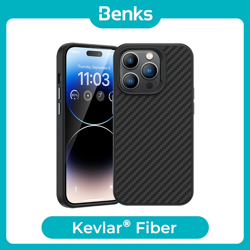 фото Чехол-накладка Benks Magnetic Cooling Kevlar Case для Apple iPhone 14 Pro карбоновый (кевлар) черно-серый в полоску