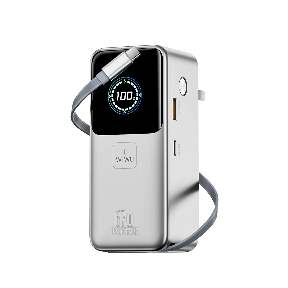 фото Внешний аккумулятор WiWU Mega 15000mAh 67W USB/Type-C/адаптер/кабель Type-C (PM501) (серебристый)