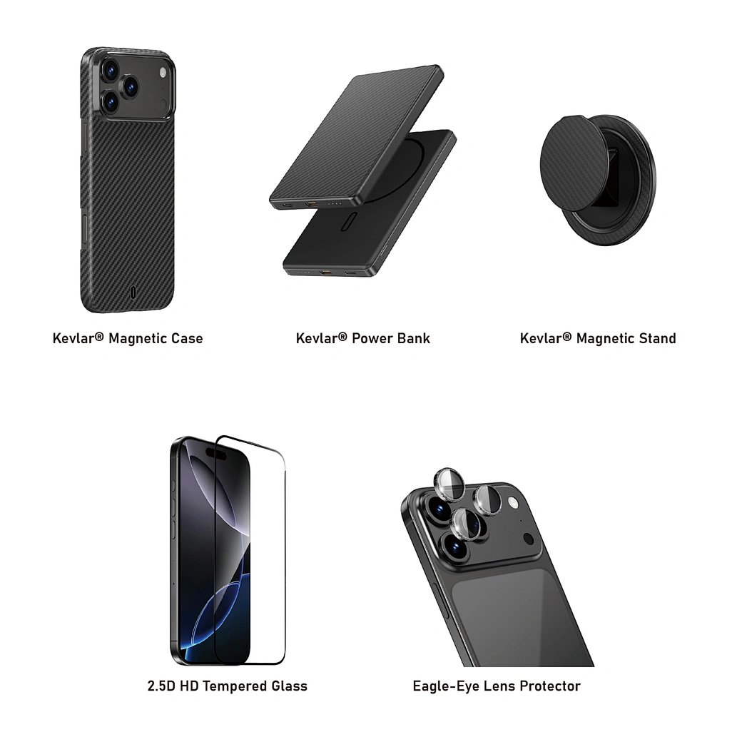 Подарочный набор WIWU Premium Kevlar Set 5в1 для iPhone 17 Pro (Power Bank 5000mAh/стекло/чехол/держатель/стекло для камеры) (L005) (серый)