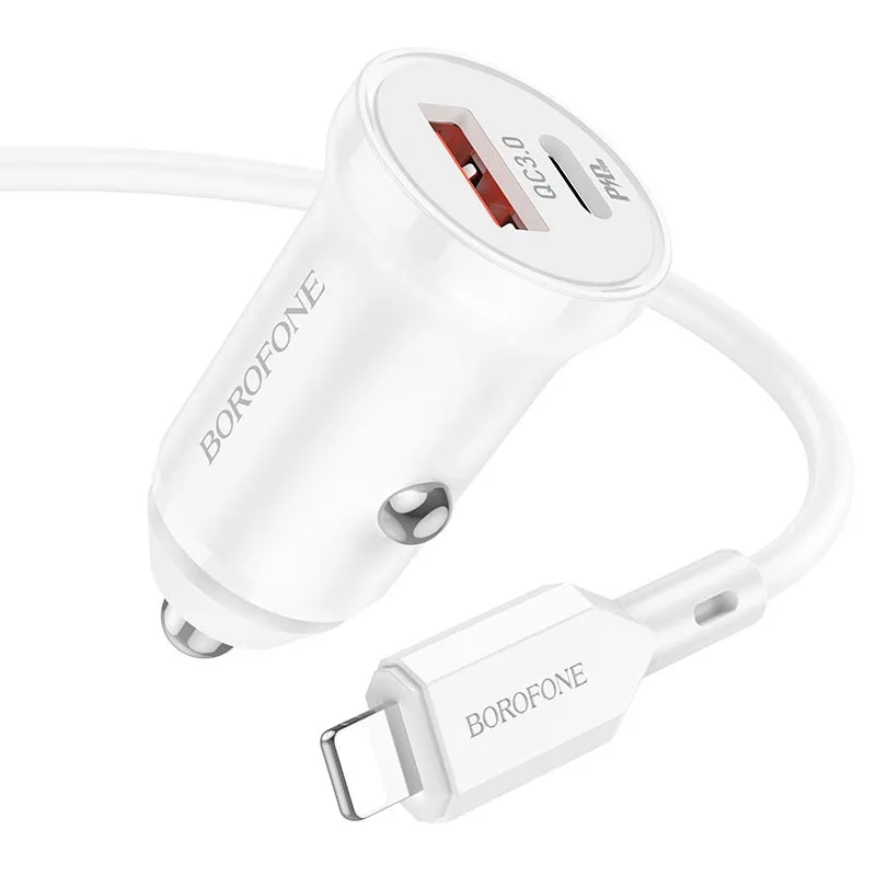 Автомобильное зарядное устройство Borofone BZ18A USB/Type-C/кабель Type-C- Lightning 20W (белый)