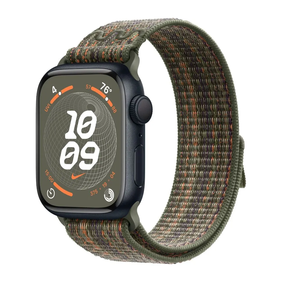 Apple Watch Series 9 41mm (GPS) Midnight Aluminum Case with Sequoia/Orange Nike Sport Loop (MR9L3)