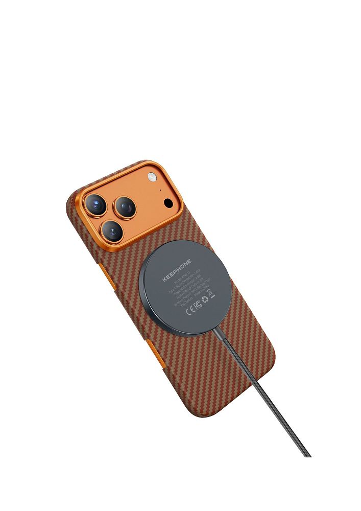 фото Чехол-накладка Keephone Kevlar Diago MagSafe для Apple iPhone 17 Pro карбоновый (арамид) оранжевый в полоску