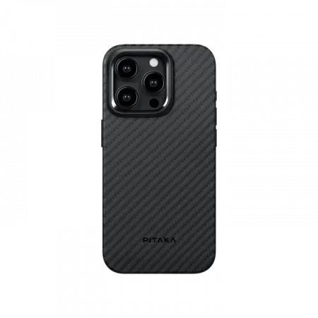 фото Чехол PITAKA MagEZ Case 4 для iPhone 15 Pro карбоновый кевлар (арамид) черно-серый в полоску