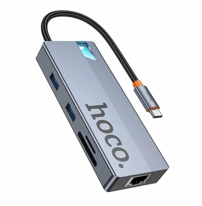 Адаптер Hoco HB52 Wow 8 в 1 Type-C на HDMI/USB3.0/USB-C/RJ45/SD/TF + кабель Type-C (серый)