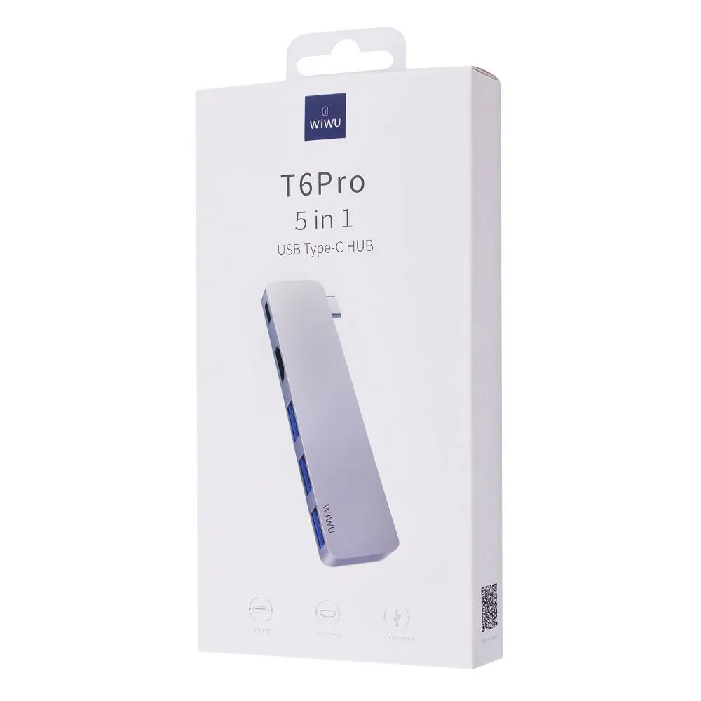Адаптер Wiwu T6Pro Type-C 5 в 1 на USB 3.0/HDMI/PD (Grey)