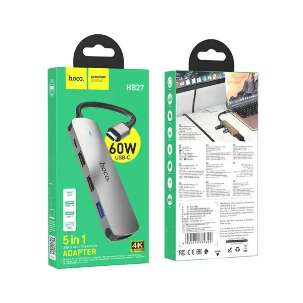 фото Адаптер Hoco HB27 Type-C на HDMI/USB3.0/USB2.0/USB-C (Metal Gray)