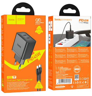 фото Сетевое зарядное устройство Hoco (N35) Streamer 2хType-C PD 45W + кабель Type-C/Lightning 1m (черный)