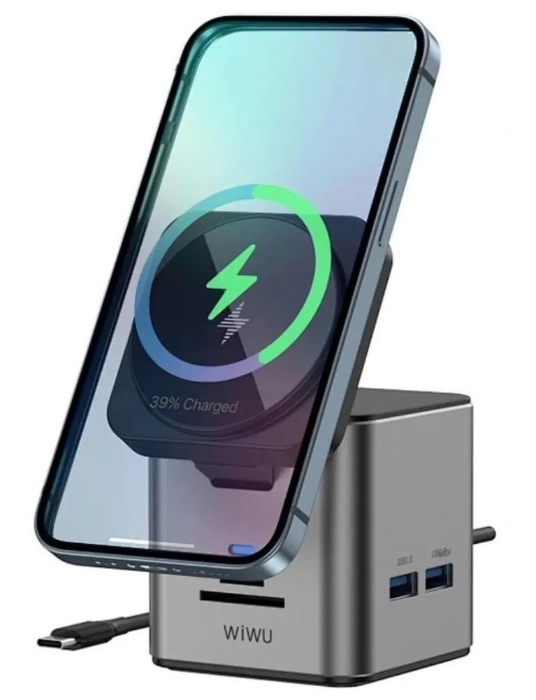 Беспроводное зарядное устройство WIWU Cube Hub 9 в1 Docking 100W Type-CPD30USB30х3HDMIRJ45SDTF Wi-W025 серый 5000₽