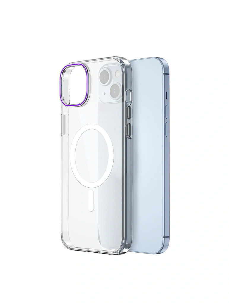 фото Чехол-накладка Wiwu Magsafe (ZYS-013) для Apple iPhone 15 Plus пластиковый (прозрачный/фиолетовая рамка)