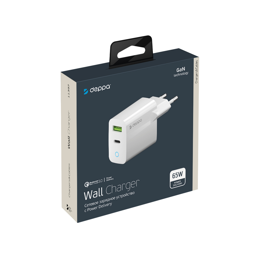 фото Сетевое зарядное устройство Deppa Wall charger (11397) 65W/ 5A (USB-A/ Type-C/ PD 3.0/ QC 3.0) с индикатором (белый)