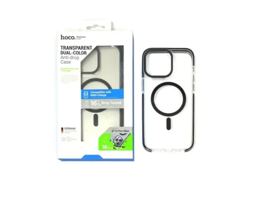 фото Чехол-накладка Hoco Transparent Dual-Color Magsafe для iPhone 15 Plus противоударный (пластик) (черная рамка)