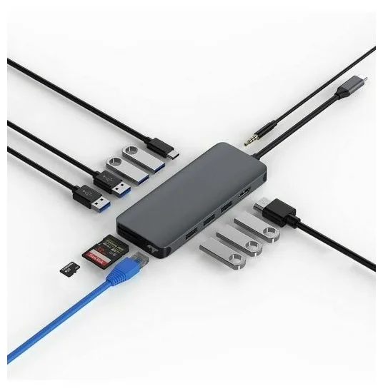 Адаптер WIWU Alpha 12 в 1 USB-C HUB на USB 3.0*3/USB 2.0*3/HDMI/SD/Micro SD/Type-C/LAN/3.5 Stereo (Gray)