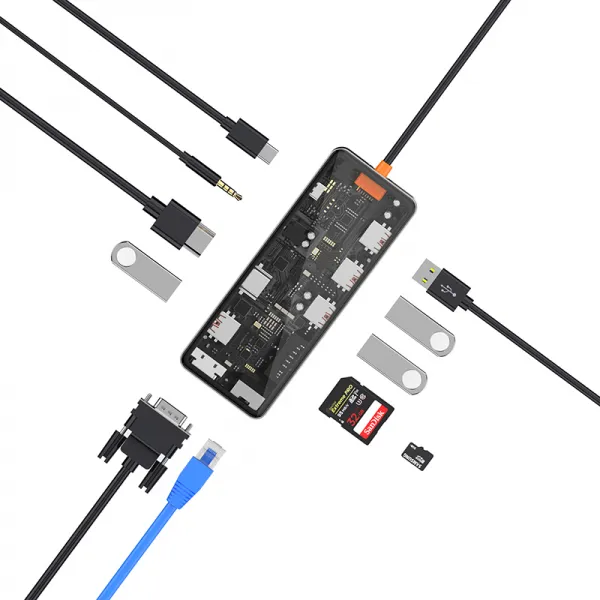 фото Адаптер Wiwu Cyber HUB USB-C 11 в 1 на 3xUSB 3.0/USB 2.0/SD/TF (2.0)/HDMI/RJ45/VGA/PD/Audio (CB011) (Gray)